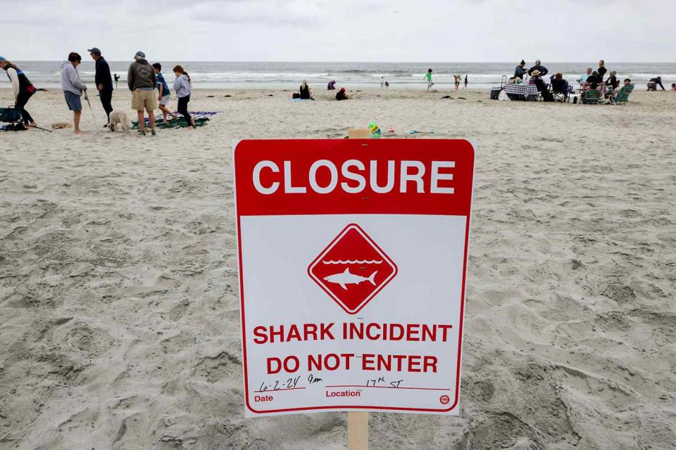 <p>Hayne Palmour IV/Shutterstock</p> Beach closure sign in Del Mar, Calif. on June 2, 2024