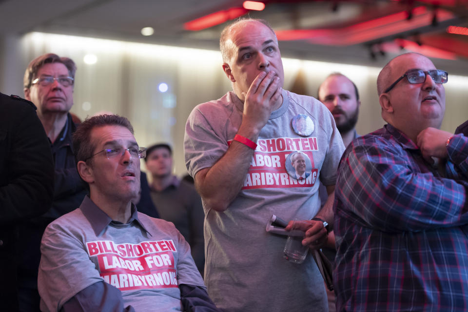 Labor party supporters watch the tally count at the Federal Labor Reception in Melbourne, Australia, Saturday, May. 18, 2019. Voting has closed in Australia's general election, with some senior opposition lawmakers confident that they will form a center-left government with a focus on slashing greenhouse gas emissions. (AP Photo/Andy Brownbill)