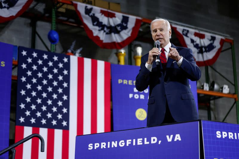 FILE PHOTO: U.S. President Joe Biden delivers an economic speech at SteamFitters UA Local 602 in Springfield