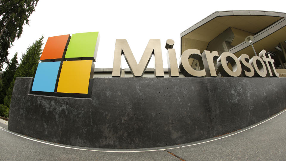 FILE - This July 3, 2014, file photo, shows the Microsoft Corp. logo outside the Microsoft Visitor Center in Redmond, Wash. In just the past month of Jan. 2023, there have been nearly 50,000 job cuts across the technology sector. Large and small tech companies went on a hiring spree in over the past several years due to a demand for their products, software and services surged with millions of people working remotely. (AP Photo Ted S. Warren, File)