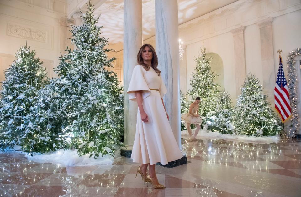 Melania Trump shows the White House Christmas decorations in 2017.