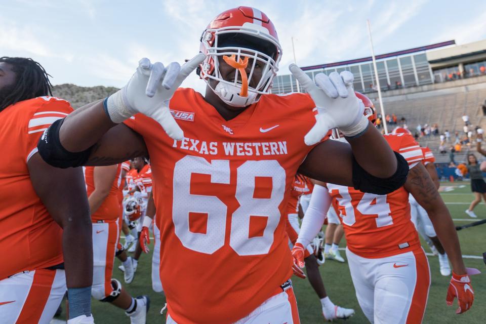 UTEP's Zuri Henry (68) celebrates their win in a football game against Florida Atlantic  at the Sun Bowl in El Paso, Texas, on Saturday, Oct. 22, 2022.