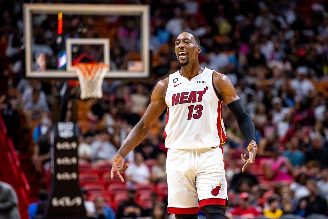 Miami Heat center Bam Adebayo (13) reacts to a shot by teammate Tyler Herro during the third quarter of an NBA preseason game against the New Orleans Pelicans at FTX Arena in Miami on October 12, 2022. Daniel A. Varela/dvarela@miamiherald.com