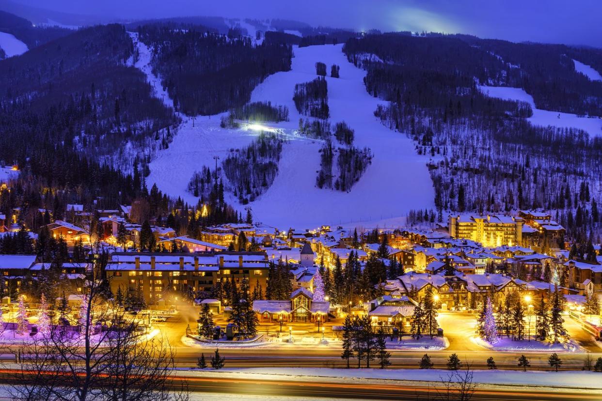 vail colorado ski resort at dusk in winter