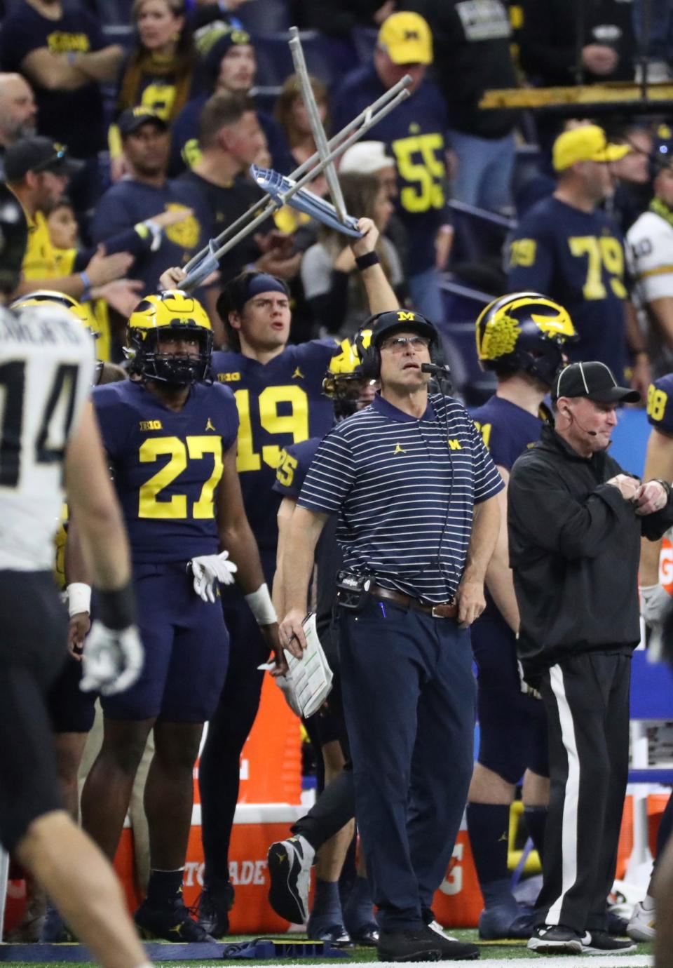 Michigan Wolverines head coach Jim Harbaugh during the first half against the Purdue Boilermakers in the Big Ten championship game at Lucas Oil Stadium in Indianapolis, Saturday, Dec. 3, 2022.