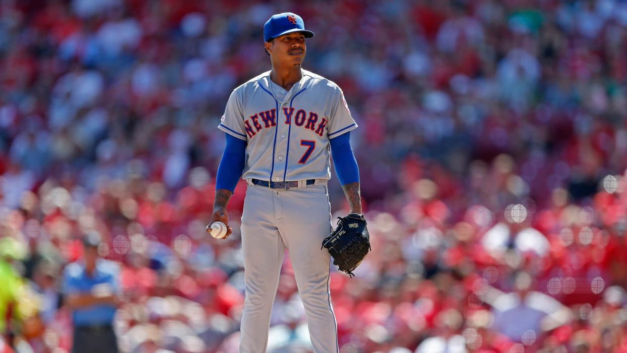 New York Mets starting pitcher Marcus Stroman reacts after loading the bases against the Cincinnati Reds during the fifth inning of a baseball game, in CincinnatiMets Reds Baseball, Cincinnati, USA - 22 Sep 2019.