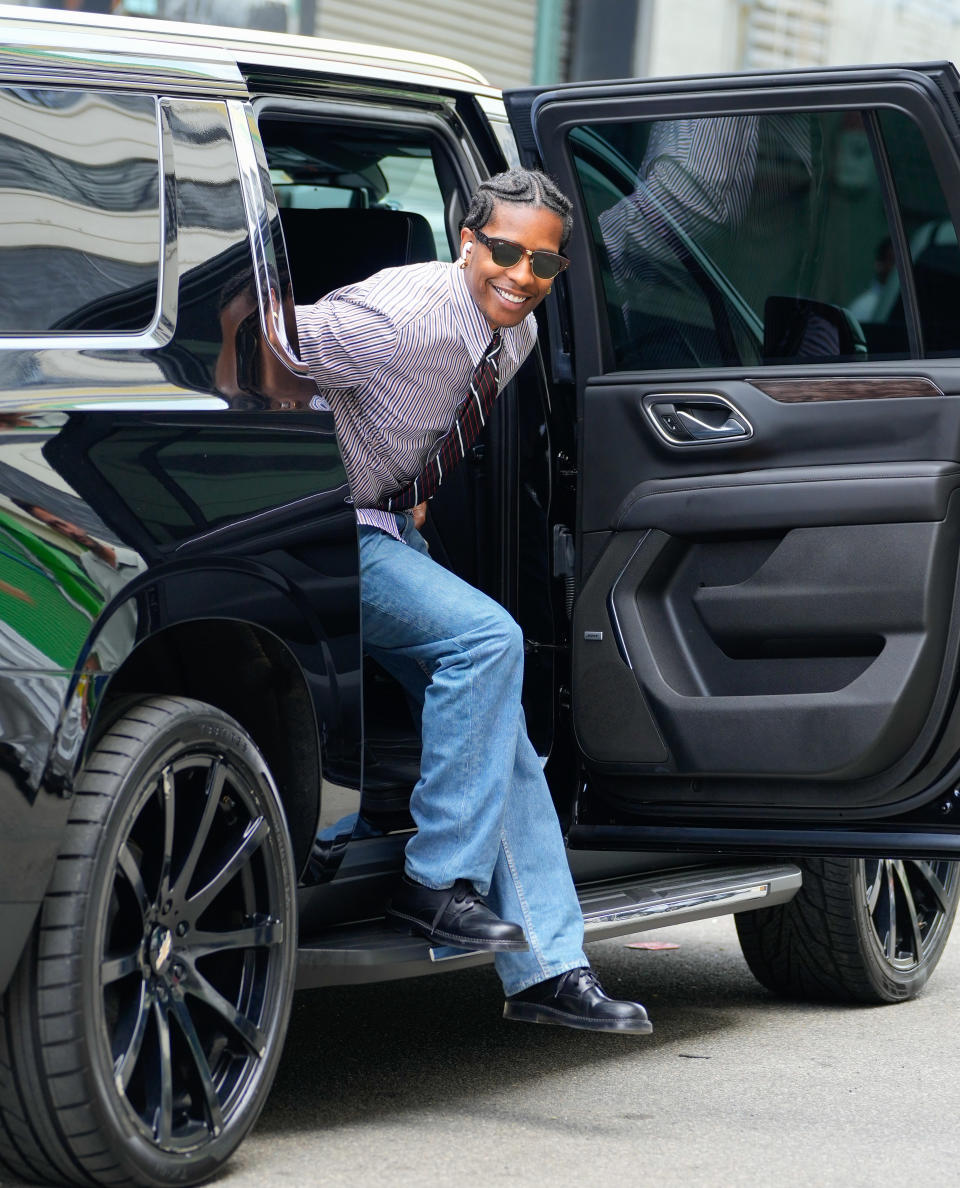 A$AP Rocky seen in New York City. A$AP Rocky black leather dress shoes, NYC street style, dress shoes, A$AP Rocky shoes