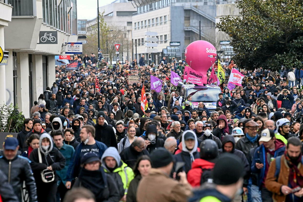  Manifestation dans les rues du centre-ville de Nantes apres la décision du Conseil constitutionnel sur la loi retraite  - Credit:Franck Dubray / MAXPPP / PHOTOPQR/OUEST FRANCE/MAXPPP
