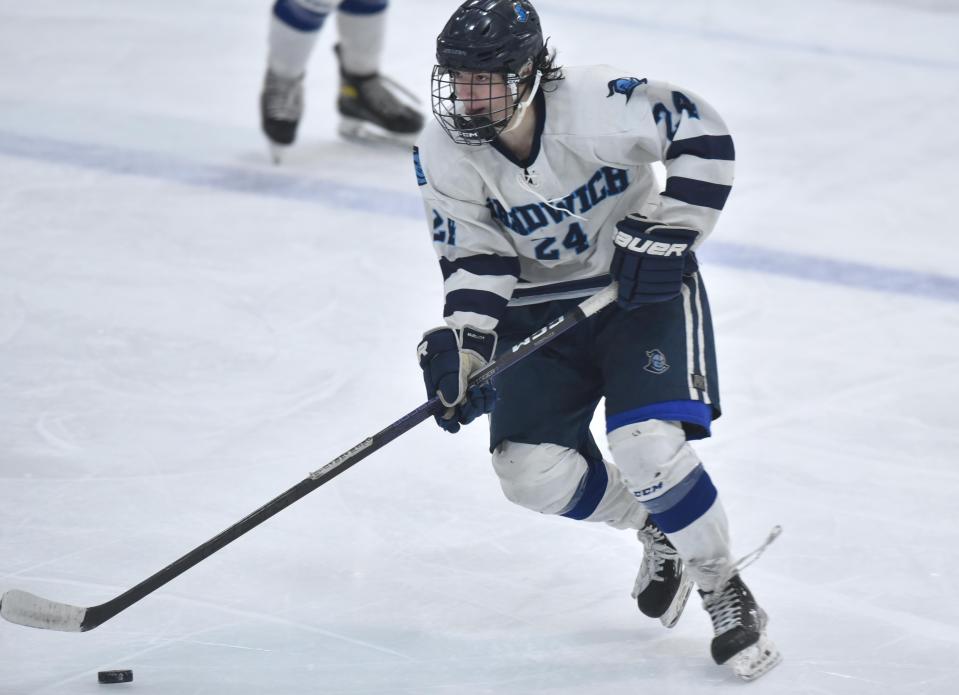 Sandwich's Christopher Cardillo heads up ice as Nantucket and Sandwich faced off in a tournament semi-final game in Bourne. Sandwich won the game 3-0 on March 11 advancing to the state finals.