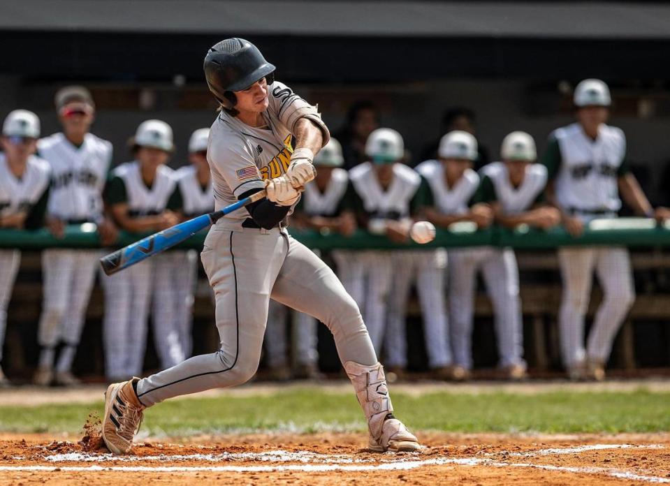 Miami Sunset Knights’s Miguel Gonzalez #9(INF), bats in the first inning of a GMAC Tournament game against theFelix Varela Vipers at the Felix Varela Senior High School baseball field in Kendall, on Friday April 14, 2023