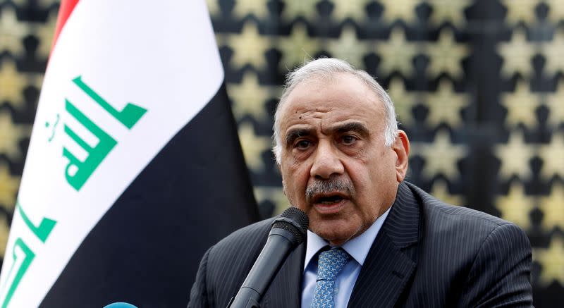 FILE PHOTO: Iraqi Prime Minister Adel Abdul Mahdi speaks during a symbolic funeral ceremony of Major General Ali al-Lami, who commands the Iraqi Federal Police's Fourth Division, who was killed in Salahuddin, in Baghdad