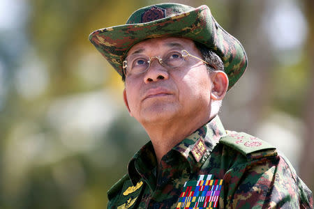 Myanmar military commander-in-chief, Senior General Min Aung Hlaing, attends a military exercise at Ayeyarwaddy delta region in Myanmar, February 3, 2018. REUTERS/Lynn Bo Bo/Pool