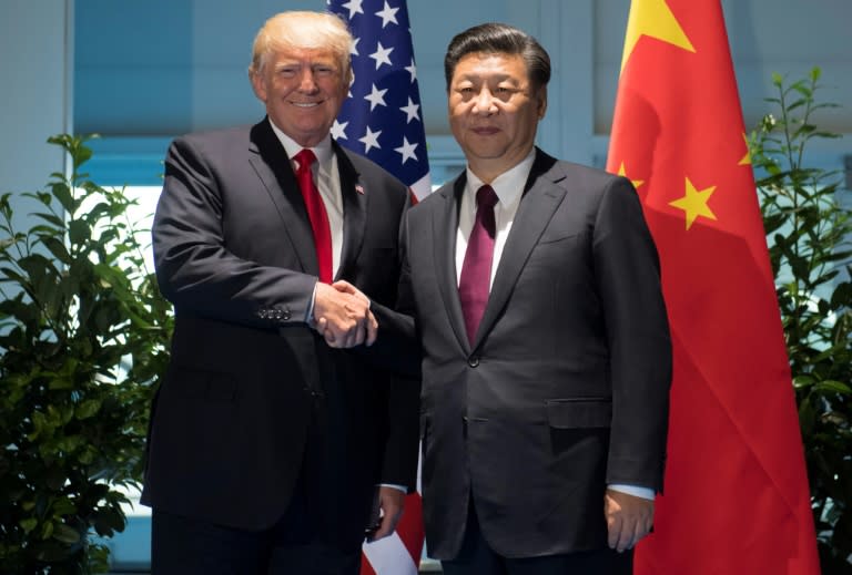 US President Donald Trump and Chinese President Xi Jinping (R) shake hands prior to a meeting on the sidelines of the G20 Summit in Hamburg, Germany on July 8, 2017