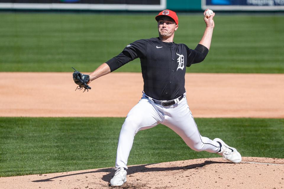 Detroit Tigers pitcher Tarik Skubal throws during spring training at TigerTown in Lakeland, Fla. on Friday, Feb. 23, 2024.