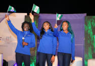 <p>Nigerian women’s bobsled team members Seun Adigun, Ngozi Onwumere and Akuoma Omeoga wave will be the first from their country to compete at the Winter Olympics. </p>