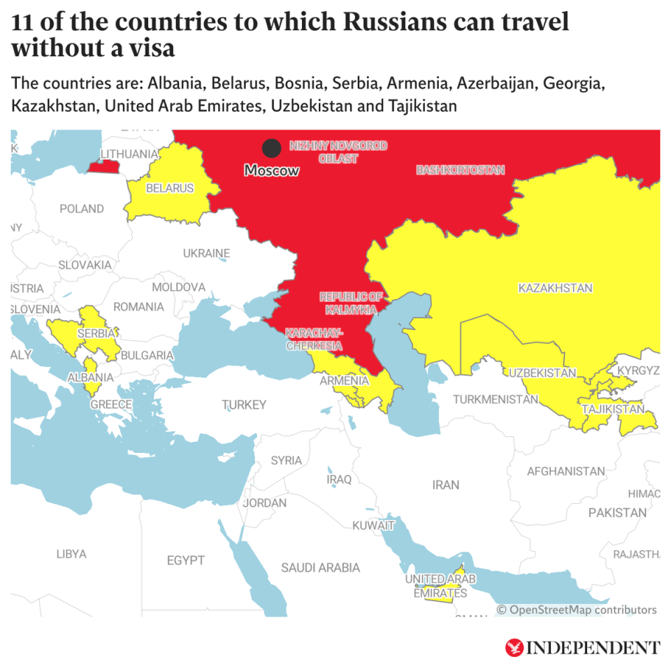 A selection of countries, highlighted in yellow, to which Russians can travel without a visa (Independent)