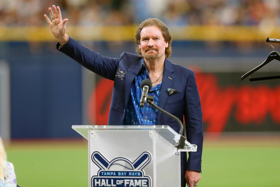 ST. PETERSBURG, FL - July 09: Baseball Hall of Famer and former Tampa Bay Rays star Wade Boggs is inducted into the Tampa Bay Rays Hall of Fame before the MLB regular season game between the Atlanta Braves and the Tampa Bay Rays on July 09, 2023, at Tropicana Field in St. Petersburg, FL. (Photo by Cliff Welch/Icon Sportswire via Getty Images)