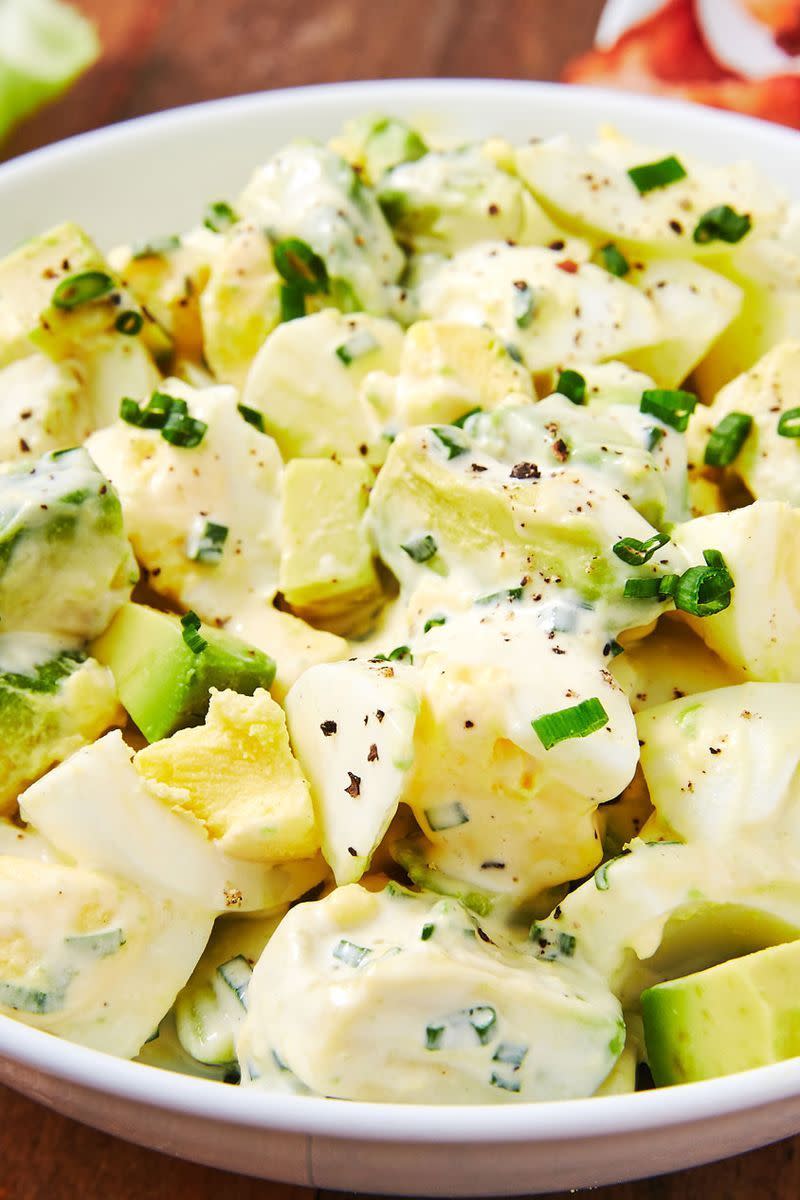 <p><a href="https://www.delish.com/uk/cooking/recipes/a28784272/cobb-egg-salad-recipe/" rel="nofollow noopener" target="_blank" data-ylk="slk:Classic egg salad;elm:context_link;itc:0;sec:content-canvas" class="link ">Classic egg salad</a> is usually keto-friendly as it is. But because fat=good, we added an extra creamy, but healthy element: avocado! The whole thing tastes nice and fresh but trust us, it'll really fill you up. Do we recommend serving it with crispy bacon? Of course we do. </p><p>Get the <a href="https://www.delish.com/uk/cooking/recipes/a30992026/keto-egg-salad-recipe/" rel="nofollow noopener" target="_blank" data-ylk="slk:Keto Egg Salad;elm:context_link;itc:0;sec:content-canvas" class="link ">Keto Egg Salad</a> recipe.</p>