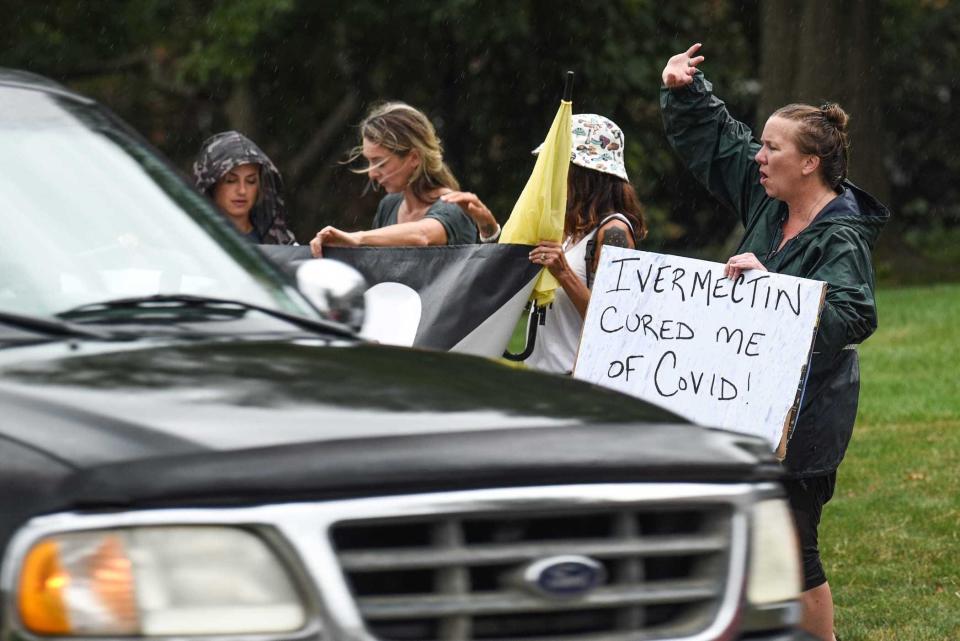 Protesters stand in the rain. One holds a sign that reads 'ivermectin cured me of COVID!'