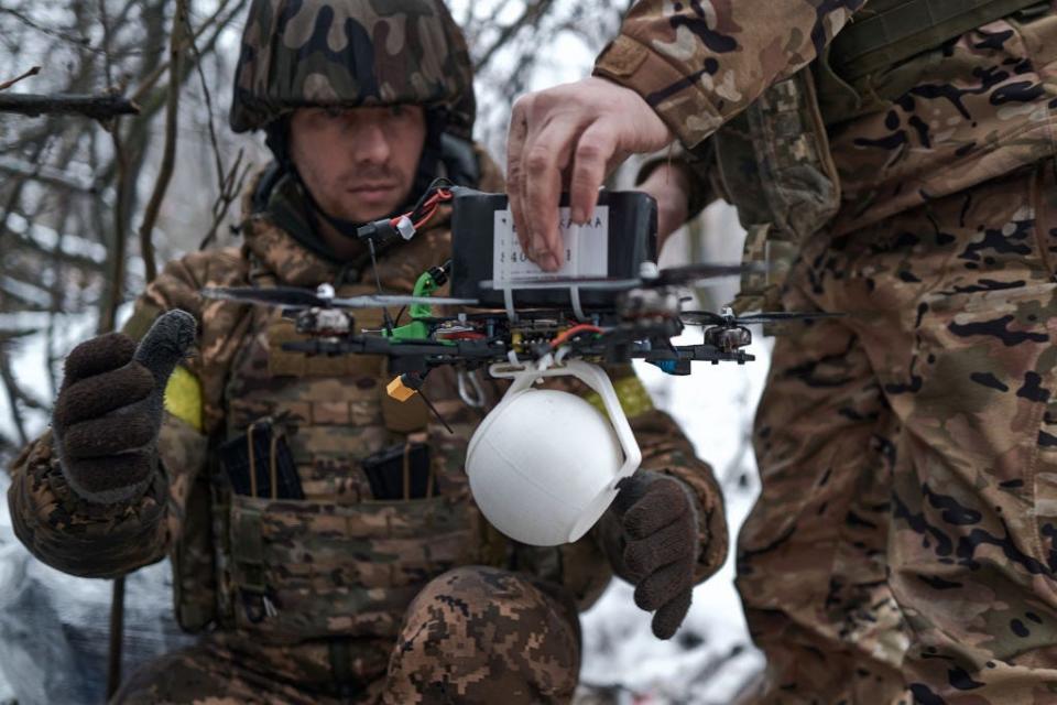 An FPV unit in the Ukrainian army launches one-way attack drones at the positions of the Russians on January 26, 2024 in Kupiansk, Ukraine.