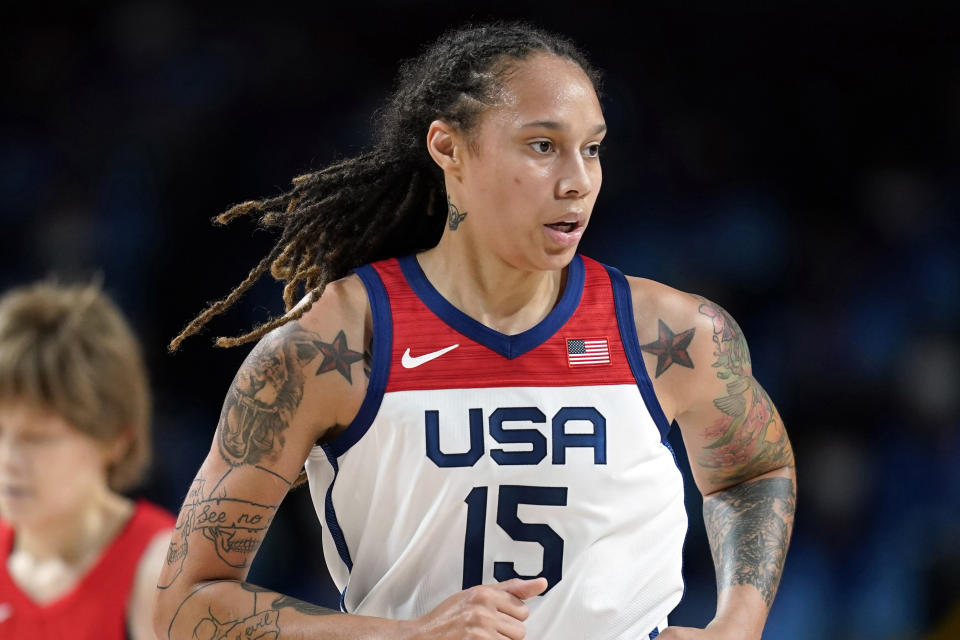 FILE - Brittney Griner (15) runs up court during women's basketball gold medal game against Japan at the 2020 Summer Olympics on Aug. 8, 2021, in Saitama, Japan. Russia has freed WNBA star Brittney Griner in a dramatic high-level prisoner exchange, with the U.S. releasing notorious Russian arms dealer Viktor Bout. (AP Photo/Charlie Neibergall, File)