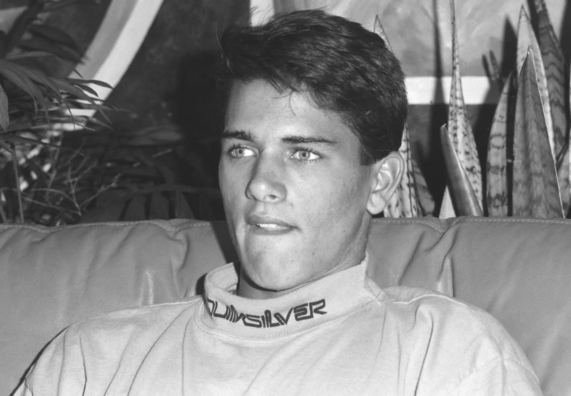 A young Kelly Slater, aged 19, at a Quiksilver press event in 1991.<p>Photo: John Stanton/WireImage/Getty Images</p>