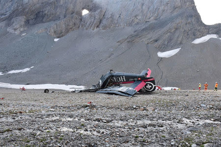 A general view of the accident site of a Junkers Ju-52 airplane of the local airline JU-AIR, which crashed at 2,450 meters (8,038 feet) above sea level near the mountain resort of Flims, Switzerland August 5, 2018. Kantonspolizei Graubunden/Handout via REUTERS.