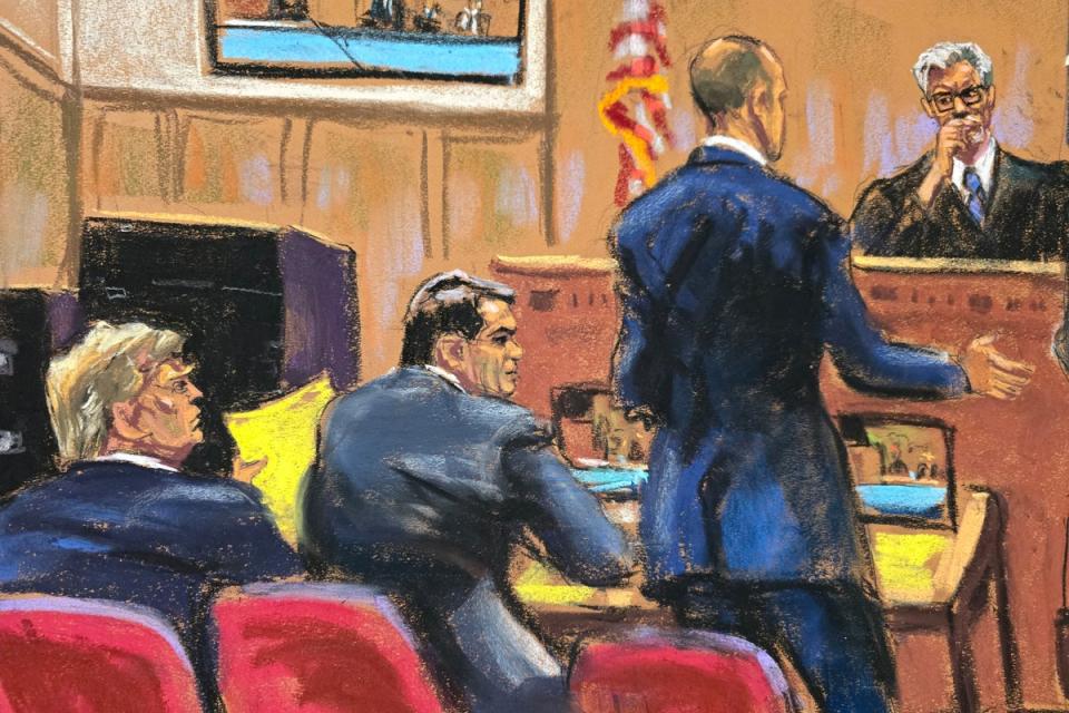 A courtroom sketch depicts Donald Trump watching his attorney Emil Bove address New York Justice Juan Merchan during his hush money trial in Manhattan on May 21. (REUTERS)