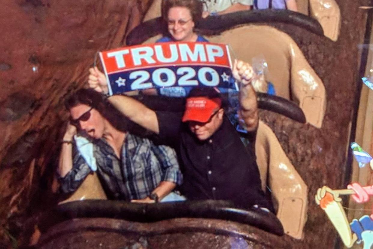 Picture posted by Dion Cini on Facebook of him holding the banner on Splash Mountain: Dion Cini/Facebook