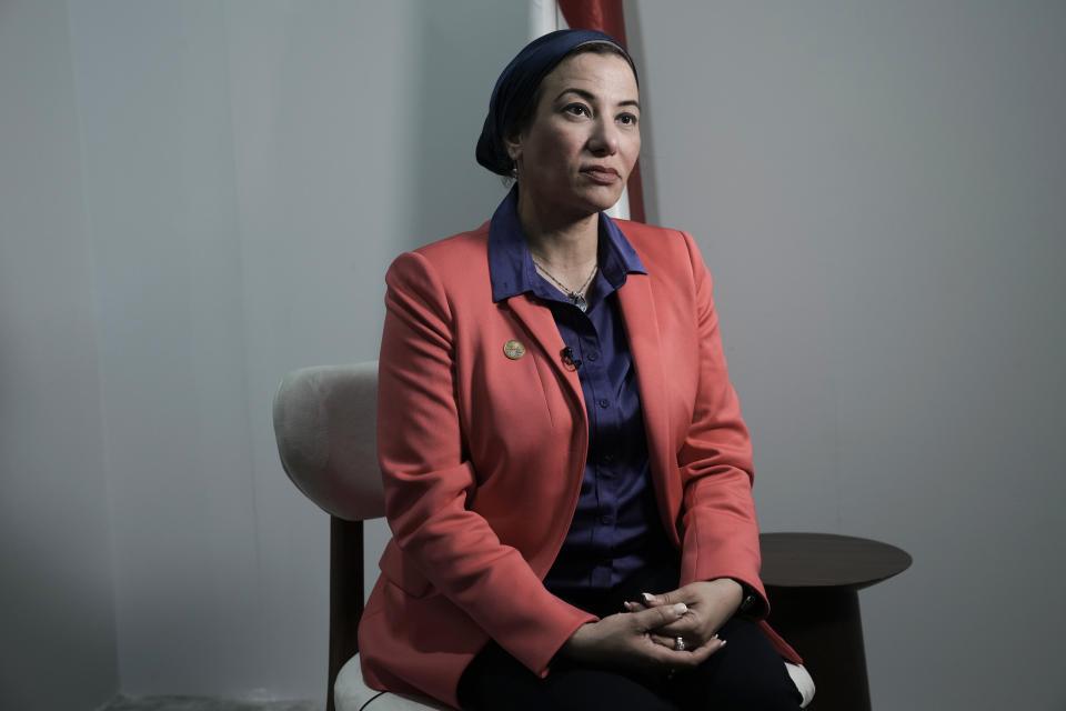 Egypt's Environment Minister Yasmine Fouad speaks with The Associated Press at the COP27 U.N. Climate Summit, Saturday, Nov. 12, 2022, in Sharm el-Sheikh, Egypt. (AP Photo/Nariman El-Mofty)