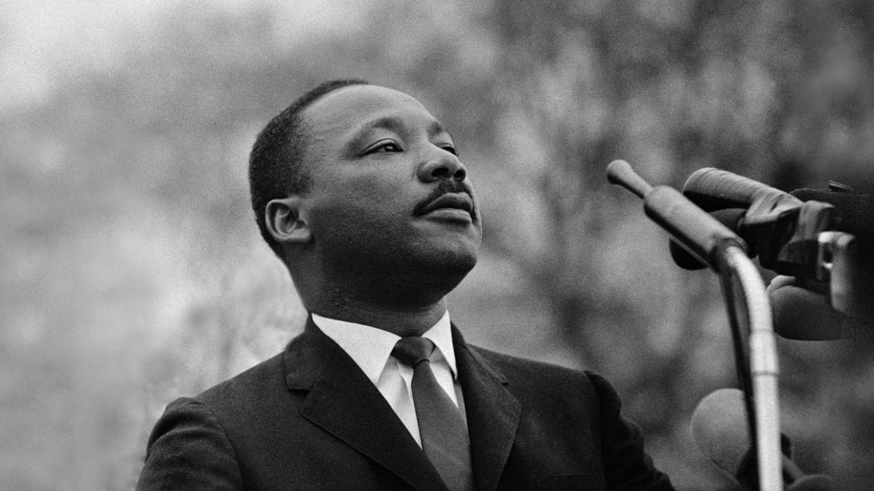 <div>Dr Martin Luther King Jr speaking before crowd of 25,000 Selma To Montgomery, Alabama civil rights marchers, in front of Montgomery, Alabama state capital building. On March 25, 1965 in Montgomery, Alabama. (Photo by Stephen F. Somerstein/Getty Images)</div>
