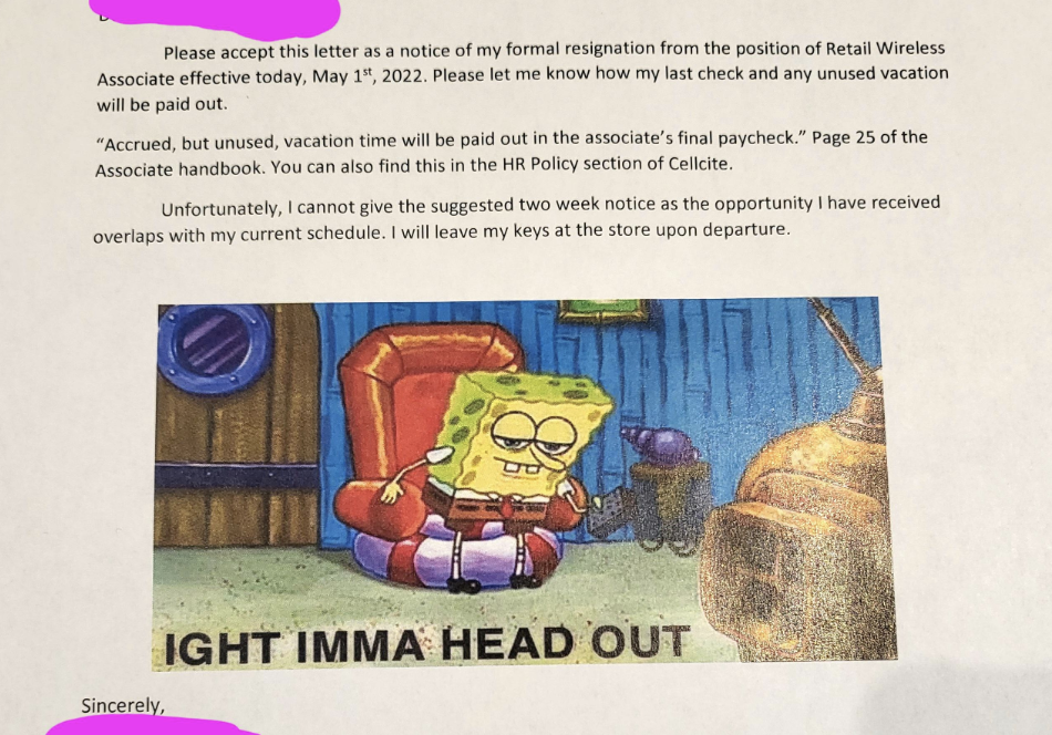 close up of the notice with a SpongeBob meme of him getting off the chair and saying, Ight imma head out