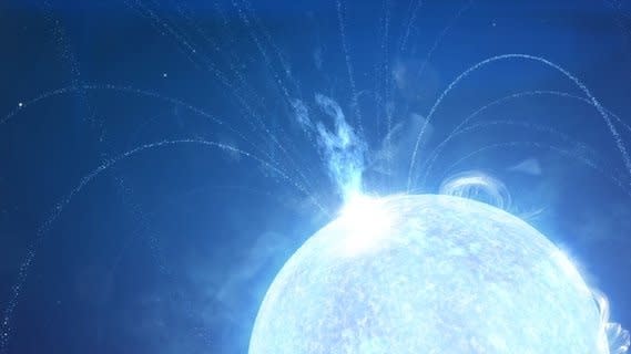  An illustration of a neutron star with bursts of matter shooting off. 