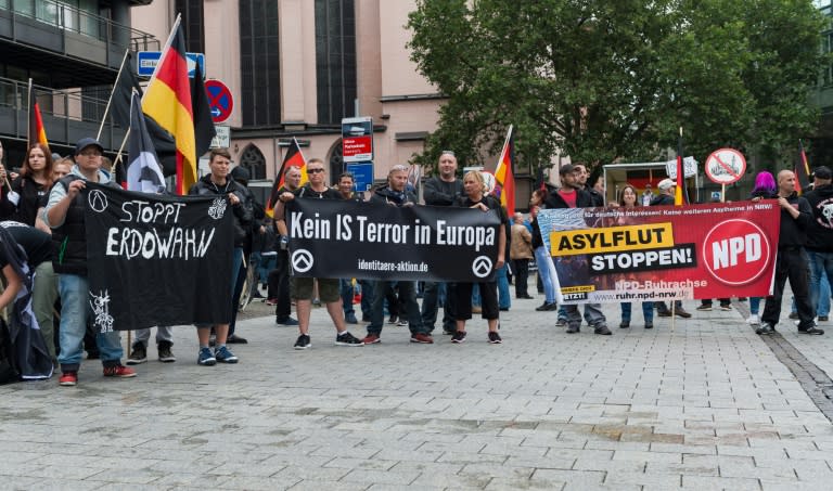 Far-right protesters rally to protest against a rally held by supporters of Turkish President Recep Tayyip Erdogan on July 31, 2016 in Cologne