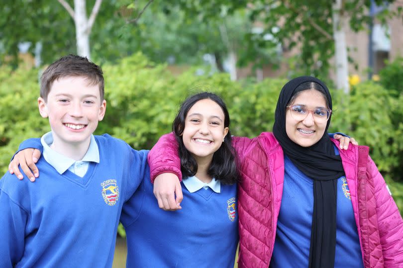 13 year olds Fran Saddique (centre) Aleisha Mahmood (right) and Magnus Best (left) who now have a place at Gosforth Academy ahead of the 2024/25 academic year.