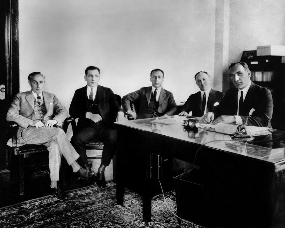 The Warner Brothers. Harry Rapf, Sam Warner, Harry Warner, Jack Warner, Albert Warner, ca. 1927