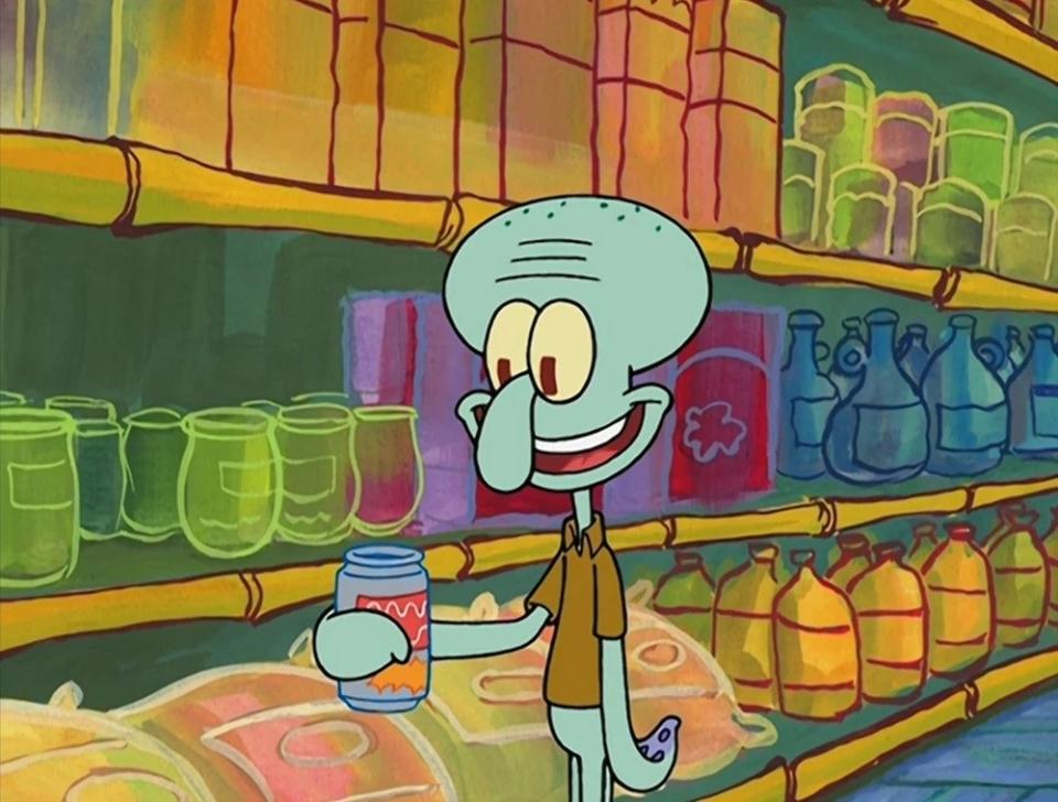 Squidward from SpongeBob SquarePants standing in a grocery aisle, holding a jar and smiling