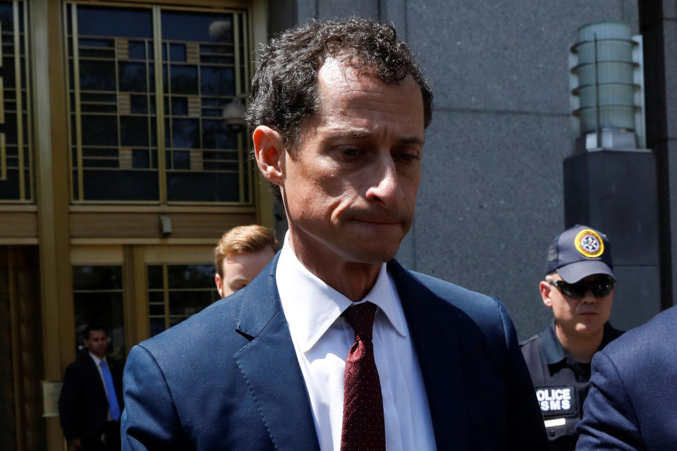 Former U.S. Congressman Anthony Weiner exits U.S. Federal Court, after pleading guilty to one count of sending obscene messages to a minor, ending an investigation into a "sexting" scandal that played a role in last year's U.S. presidential election, in New York City, U.S., May 19, 2017. REUTERS/Brendan McDermid