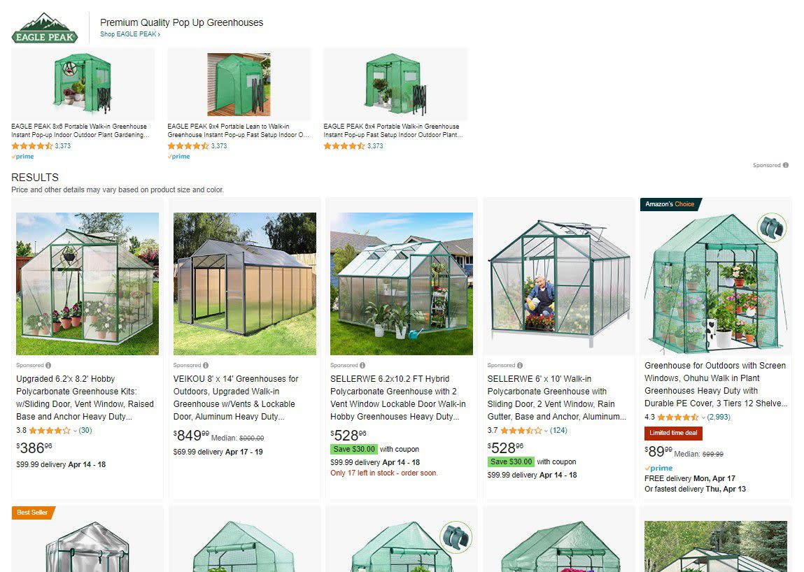 Screenshot of greenhouses on Amazon