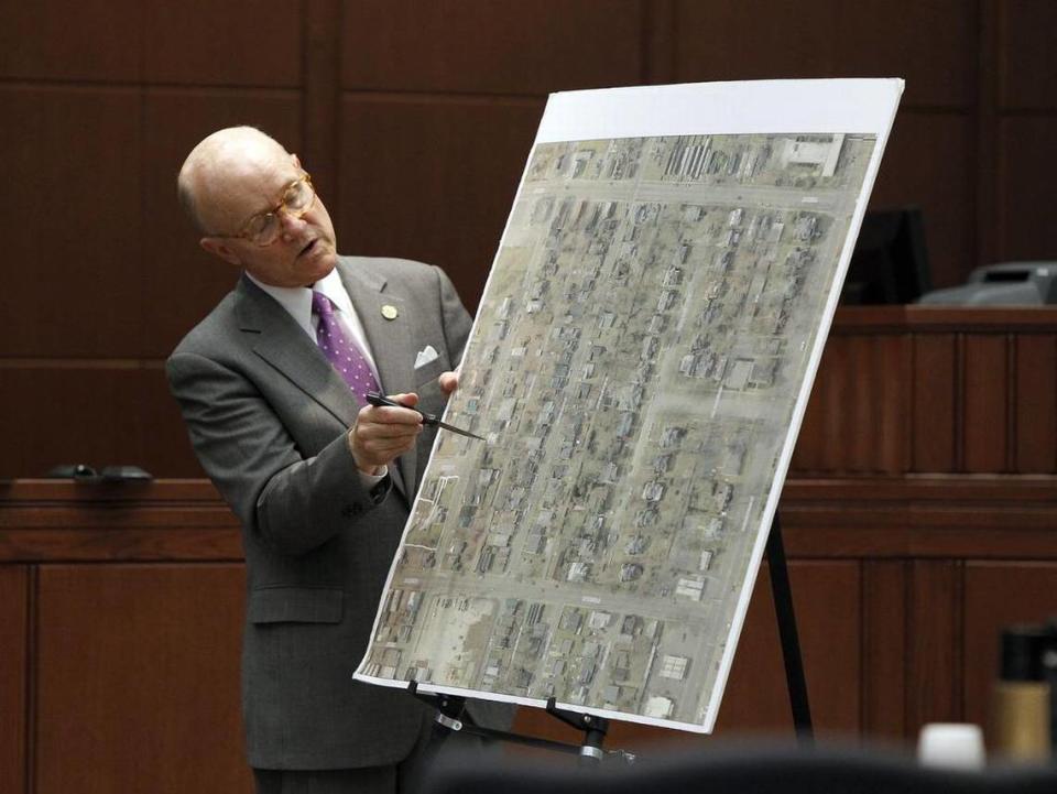 Commonwealth’s Attorney Ray Larson presented his closing arguments during the Glenn Doneghy murder trial in Fayette County Circuit Court, Wednesday, June 29, 2011. Doneghy was charged with murder in the hit-and-run death of Lexington police officer Bryan J. Durman. Doneghy, 34, is accused of using his vehicle to deliberately hit and kill Durman, 27, on April 29, 2010, as Durman was investigating a noise complaint on North Limestone.