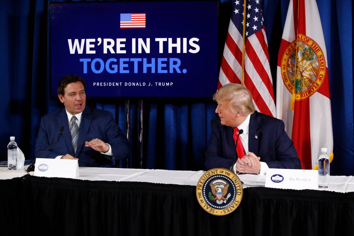 Ron DeSantis (left) and Donald Trump may be in a battle together for the 2024 Republican presidential nomination.