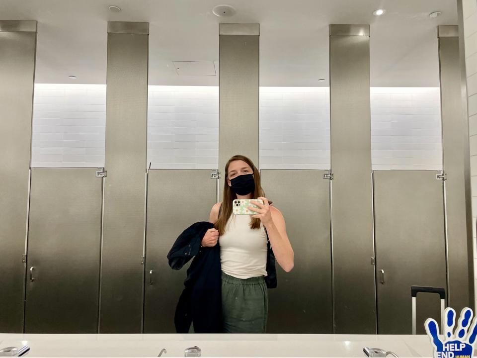 The author in an airport bathroom.