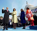 <p>(L-R) Barack H. Obama is sworn in as the 44th president of the United States as his wife Michelle Obama holds the Bible and their daughters Malia Obama and Sasha Obama look on, on the West Front of the Capitol January 20, 2009 in Washington, DC. Obama will lead as the first African-American president of the U.S. (Chuck Kennedy-Pool/Getty Images) </p>