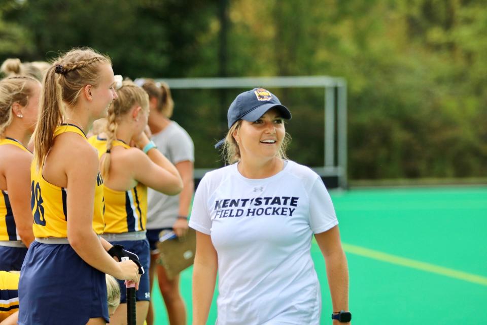 Kent State field hockey head coach Kyle DeSandes-Moyer  looks on during a 2021 home contest.