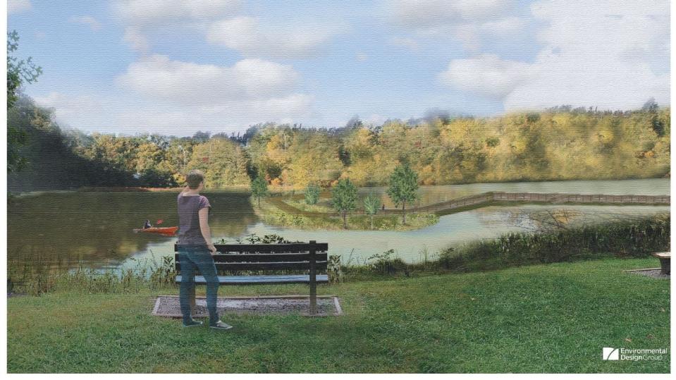 A rendering of the boardwalk that will be built  on Sharon Lake as part of the project once the lake is refilled.