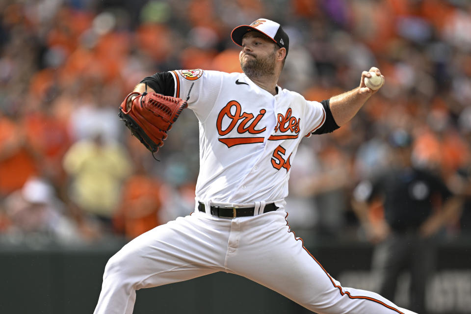 Baltimore Orioles relief pitcher Danny Coulombe throws during the ninth inning of a baseball game against the Miami Marlins, Sunday, July 16, 2023, in Baltimore. (AP Photo/Terrance Williams)