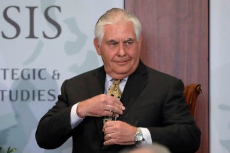 U.S. Secretary of State Rex Tillerson arrives to deliver remarks on Relationship with India for the Next Century at the Center for Strategic and International Studies (CSIS) in Washington, U.S., October 18, 2017. REUTERS/Yuri Gripas