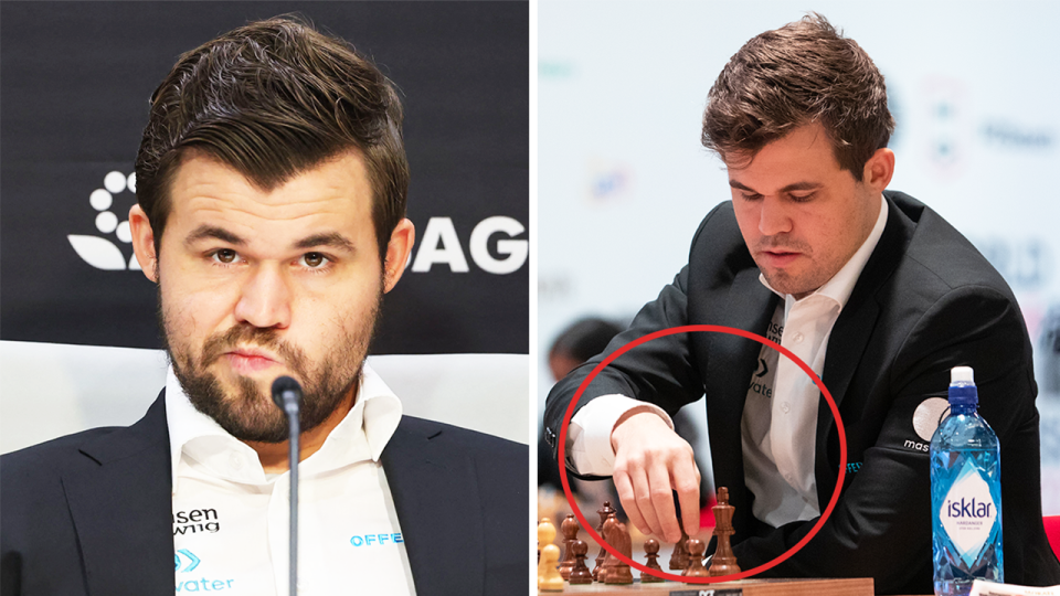 World No.1 chess icon Magnus Carlsen (pictured left) during an interview and (pictured right) Carlsen playing blitz chess.