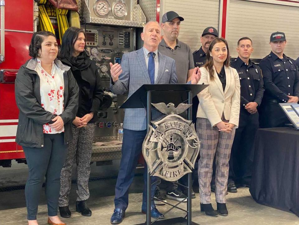 Sacramento Mayor Darrell Steinberg commends Sacramento firefighters and city workers on Wednesday for their life-saving actions that saved the life of Brett Martin on Dec. 4. Firefighters and city workers were recognized Wednesday for their heroic efforts.