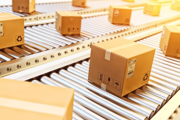 Boxes on conveyor belts.